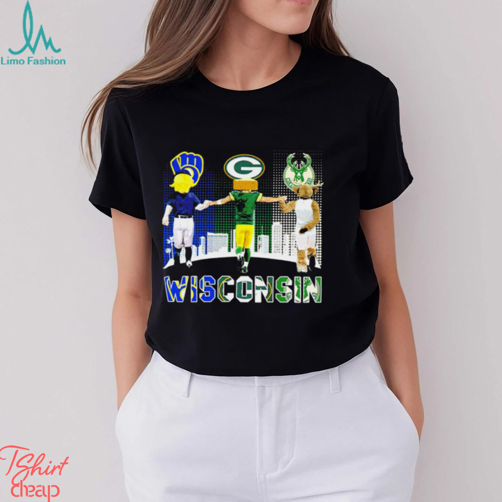 Wisconsin city Milwaukee Brewers baseball Green Bay Packers football Milwaukee Bucks basketball logo mascots shirt Wisconsin city Milwaukee Brewers baseball Green Bay Packers football Milwaukee Bucks basketball logo mascots shirt