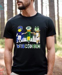 Wisconsin city Milwaukee Brewers baseball Green Bay Packers football Milwaukee Bucks basketball logo mascots shirt