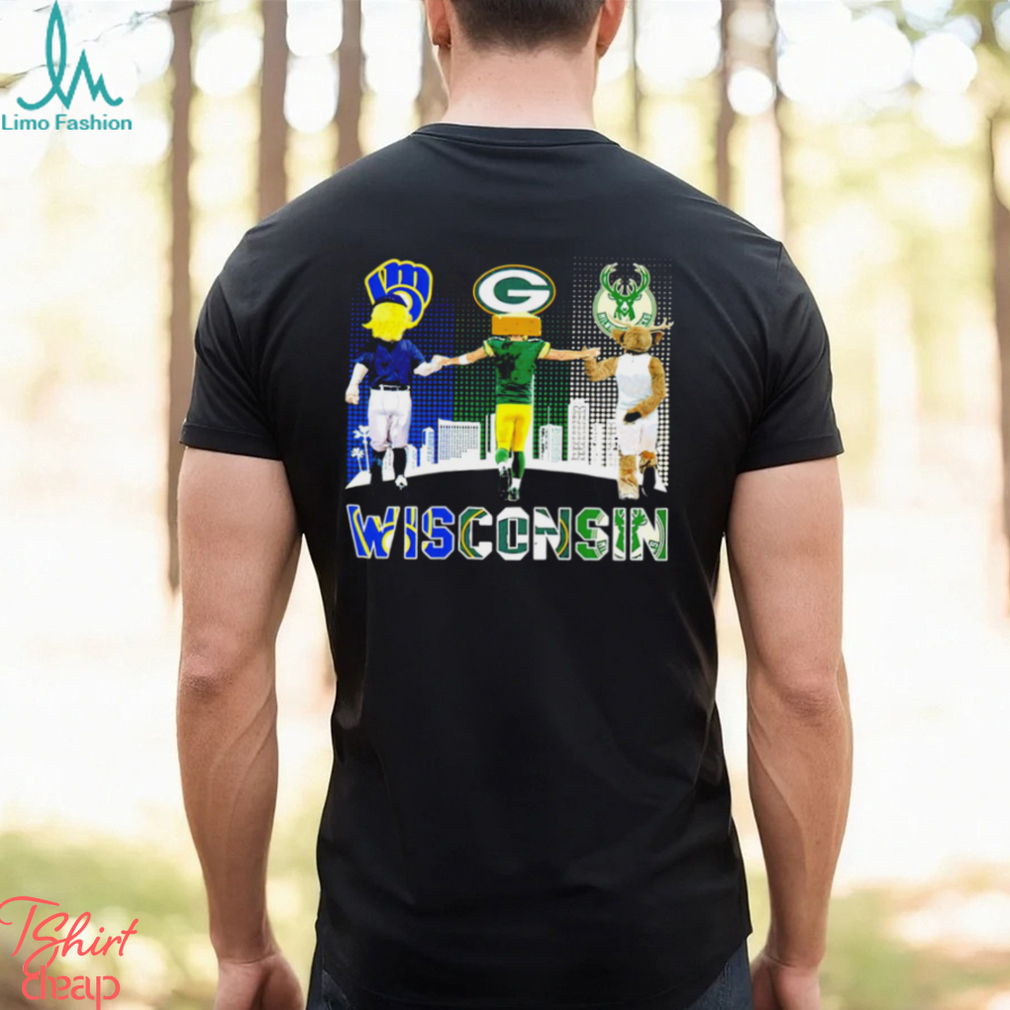 Wisconsin city Milwaukee Brewers baseball Green Bay Packers football Milwaukee Bucks basketball logo mascots shirt Wisconsin city Milwaukee Brewers baseball Green Bay Packers football Milwaukee Bucks basketball logo mascots shirt