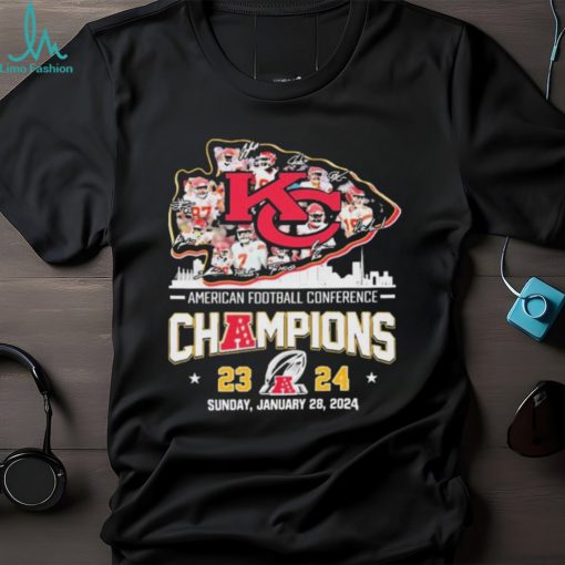 American Football Conference Champions 2024 Kansas City Chiefs Skyline Logo Players Signatures Shirt