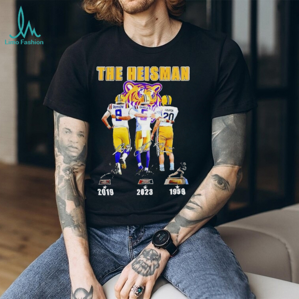 Jayden Daniels Joe Burrow And Billy Cannon Lsu Tigers The Heisman Trophy Signatures shirt Jayden Daniels Joe Burrow And Billy Cannon Lsu Tigers The Heisman Trophy Signatures shirt