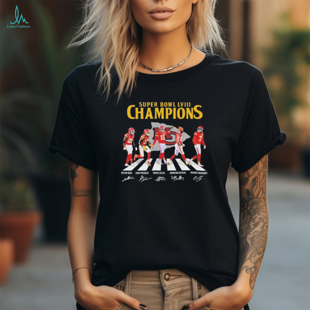 KC Chiefs Super Bowl LVIII Champions Reid Pacheco Kelce Butker and Mahomes abbey road signatures shirt KC Chiefs Super Bowl LVIII Champions Reid Pacheco Kelce Butker and Mahomes abbey road signatures shirt