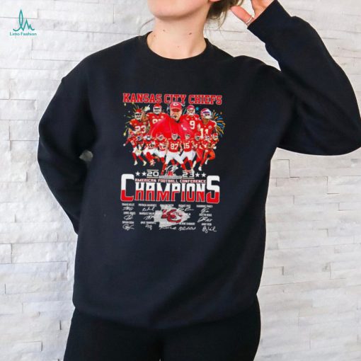 Kansas City Chiefs 2023 American football Conference Champions signatures player celebrate victory firework logo shirt
