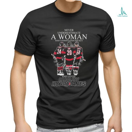 Never Underestimate A Woman Who Understands Hockey And Loves Carolina Hurricanes Jarvis, Aho And Bunting Signatures Shirt
