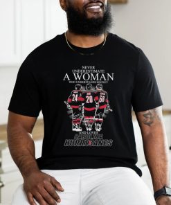 Never Underestimate A Woman Who Understands Hockey And Loves Carolina Hurricanes Jarvis, Aho And Bunting Signatures Shirt