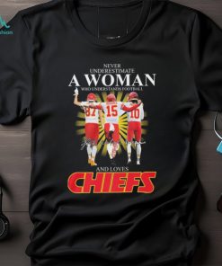 Official Kansas City Chiefs Never Underestimate A Woman Who Understands Football And Loves Kelce Mahomes And Pacheco Signatures Shirt