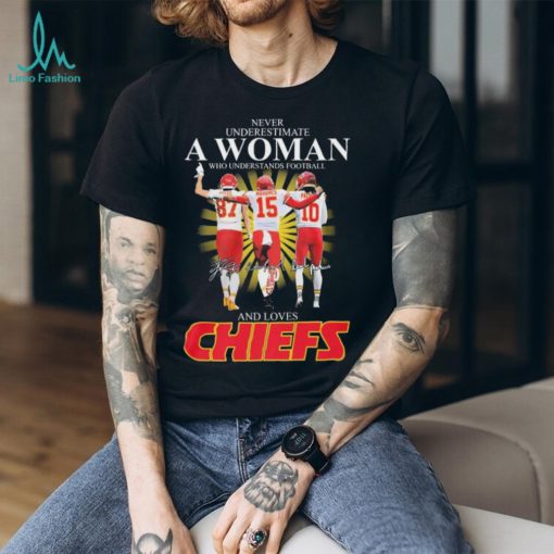 Official Kansas City Chiefs Never Underestimate A Woman Who Understands Football And Loves Kelce Mahomes And Pacheco Signatures Shirt