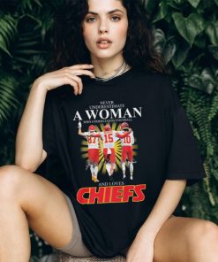 Official Kansas City Chiefs Never Underestimate A Woman Who Understands Football And Loves Kelce Mahomes And Pacheco Signatures Shirt