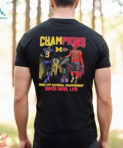 Official champions 2023 CFP National Championship & Super Bowl LVIII Kansas City Chiefs Michigan Wolverines Signature T Shirt