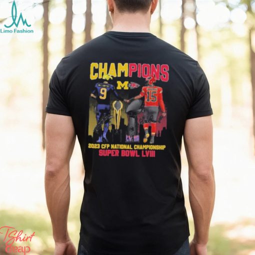 Official champions 2023 CFP National Championship & Super Bowl LVIII Kansas City Chiefs Michigan Wolverines Signature T Shirt