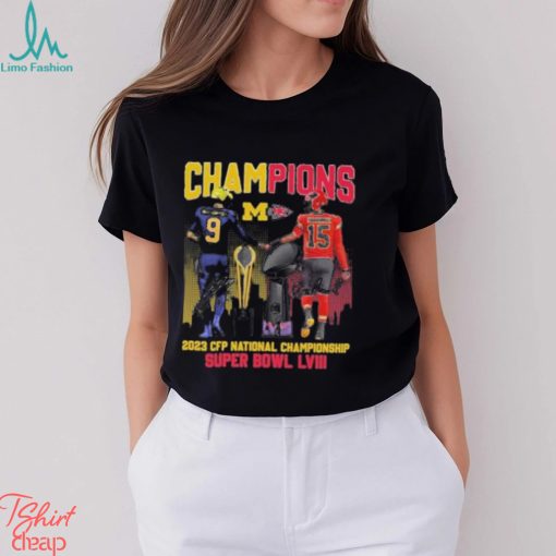 Official champions 2023 CFP National Championship & Super Bowl LVIII Kansas City Chiefs Michigan Wolverines Signature T Shirt