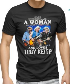Official never Underestimate A Woman Who Listen To Country Music And Loves Toby Keith 1961 2024 Signature Shirt