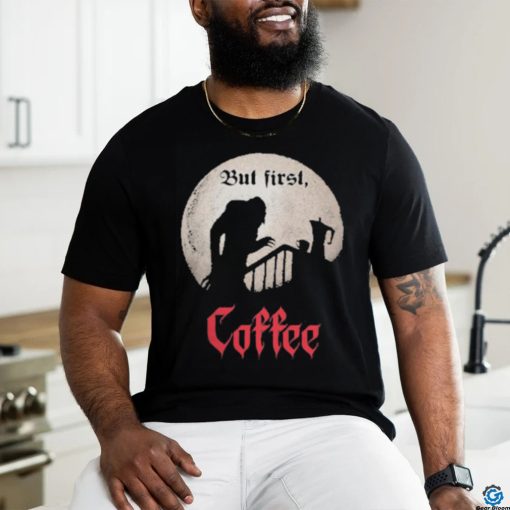 Qwertee Shop But First, Coffee Shirt