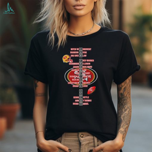 San Francisco 49ers names player celebrate victory helmet logo shirt