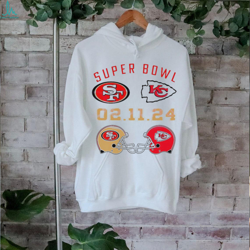 Super Bowl LVIII 2024 San Francisco 49ers vs. Kansas City Chiefs helmet matchup logo shirt