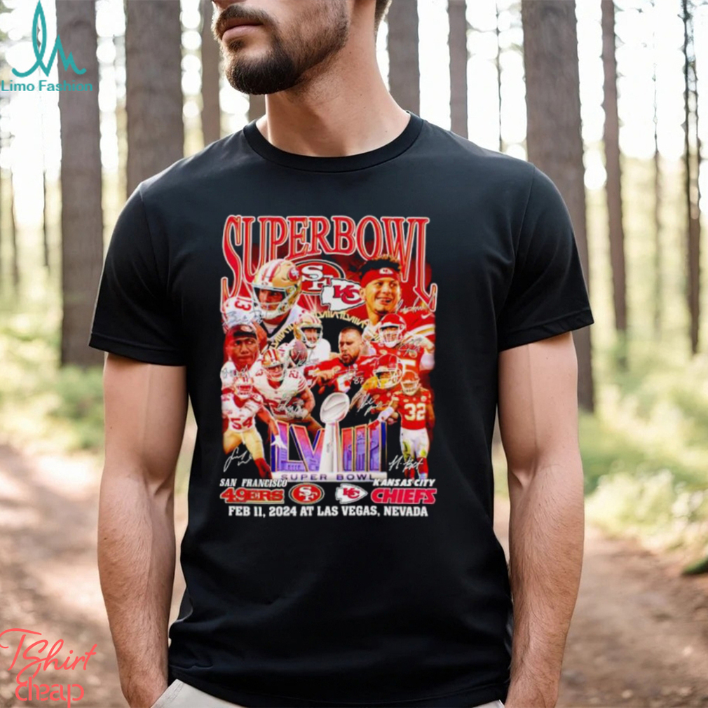 Super Bowl LVIII San Francisco 49ers vs Kansas City Chiefs Feb 11 2024 at Las Vegas Nevada signatures shirt Super Bowl LVIII San Francisco 49ers vs Kansas City Chiefs Feb 11 2024 at Las Vegas Nevada signatures shirt