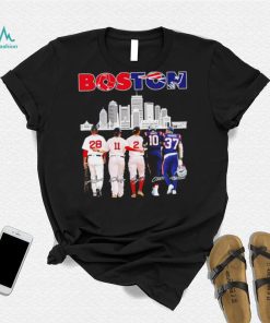 Boston city Boston Red Sox and New England Patriots player famous signatures skyline shirt