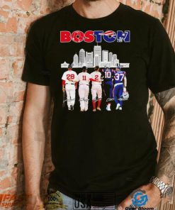 Boston city Boston Red Sox and New England Patriots player famous signatures skyline shirt