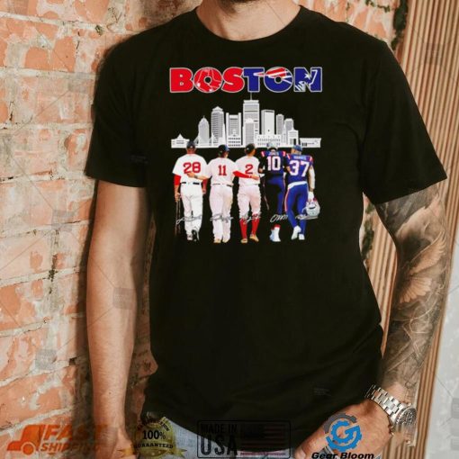Boston city Boston Red Sox and New England Patriots player famous signatures skyline shirt