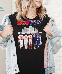 Boston city Boston Red Sox and New England Patriots player famous signatures skyline shirt