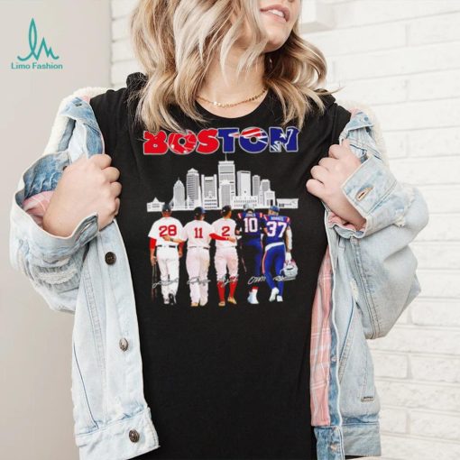 Boston city Boston Red Sox and New England Patriots player famous signatures skyline shirt