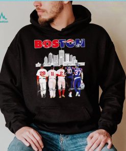 Boston city Boston Red Sox and New England Patriots player famous signatures skyline shirt