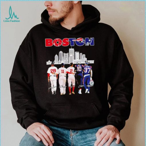Boston city Boston Red Sox and New England Patriots player famous signatures skyline shirt