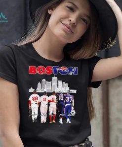 Boston city Boston Red Sox and New England Patriots player famous signatures skyline shirt