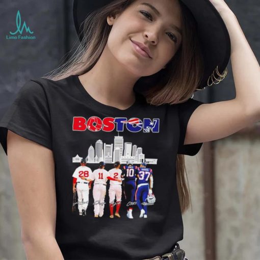 Boston city Boston Red Sox and New England Patriots player famous signatures skyline shirt