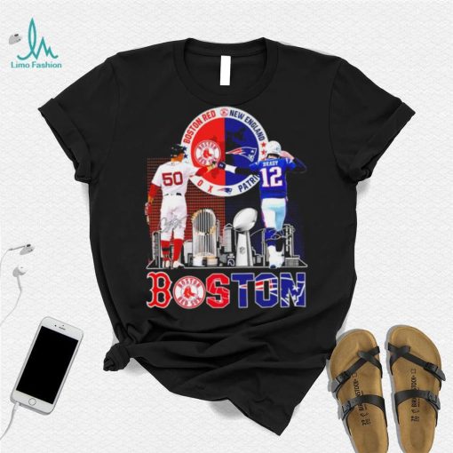 Boston city Kutter Crawford Boston Red Sox and Tom Brady New England Patriots signatures skyline shirt
