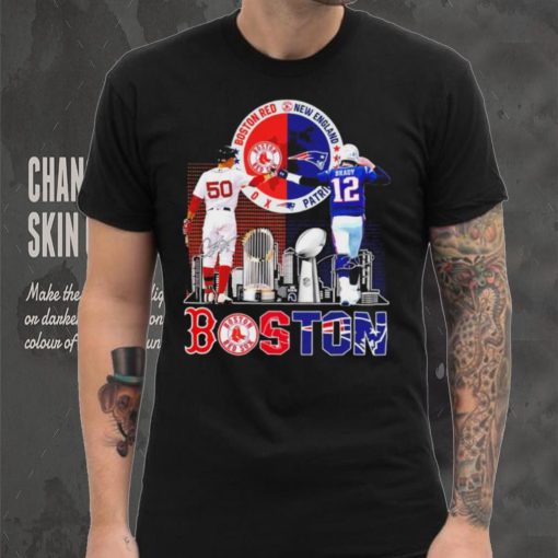 Boston city Kutter Crawford Boston Red Sox and Tom Brady New England Patriots signatures skyline shirt