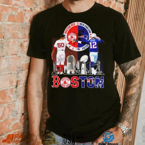 Boston city Kutter Crawford Boston Red Sox and Tom Brady New England Patriots signatures skyline shirt
