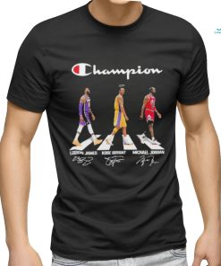 Champions LeBron James Kobe Bryant Michael Jordan walking road signatures shirt