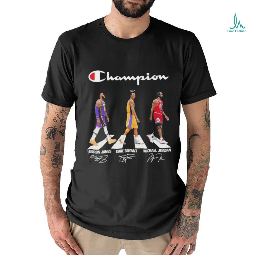 Champions LeBron James Kobe Bryant Michael Jordan walking road signatures shirt Champions LeBron James Kobe Bryant Michael Jordan walking road signatures shirt