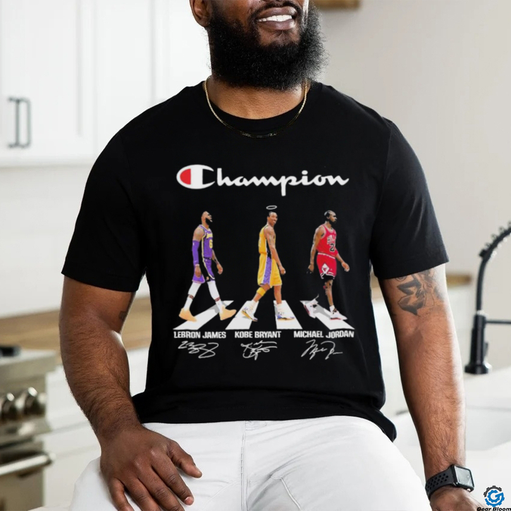 Champions LeBron James Kobe Bryant Michael Jordan walking road signatures shirt Champions LeBron James Kobe Bryant Michael Jordan walking road signatures shirt