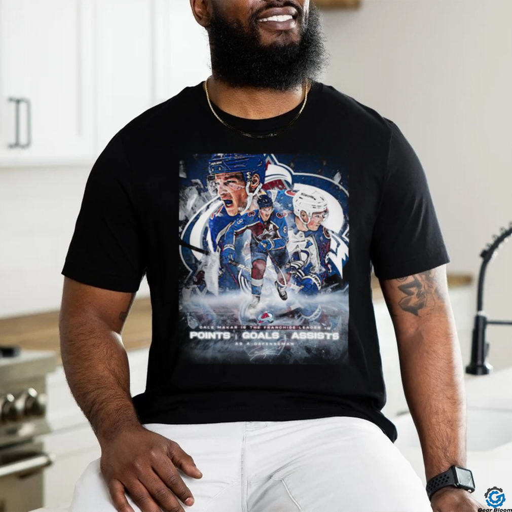 Colorado Avalanche Cale Makar Is The Franchise Leader In Points Goals Assists As A Defense Man Signature T shirt Colorado Avalanche Cale Makar Is The Franchise Leader In Points Goals Assists As A Defense Man Signature T shirt