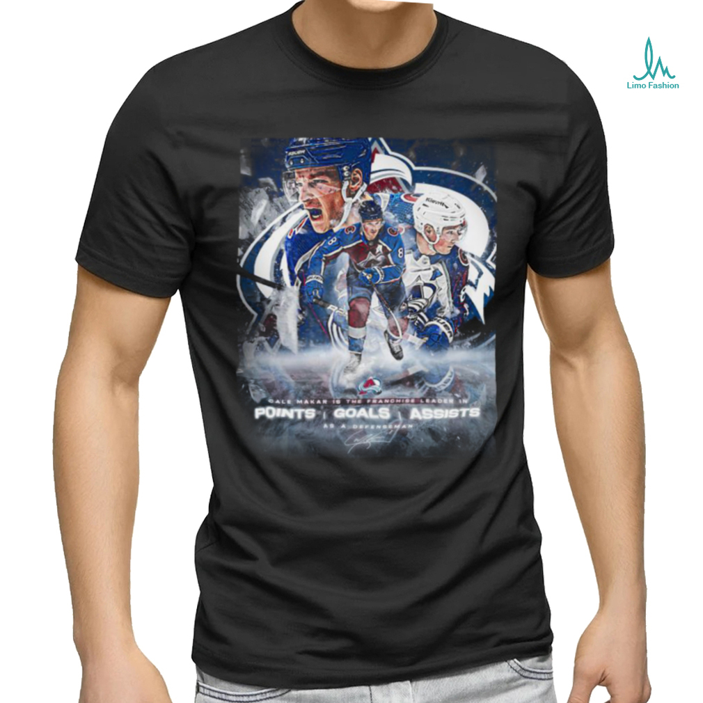 Colorado Avalanche Cale Makar Is The Franchise Leader In Points Goals Assists As A Defense Man Signature T shirt Colorado Avalanche Cale Makar Is The Franchise Leader In Points Goals Assists As A Defense Man Signature T shirt