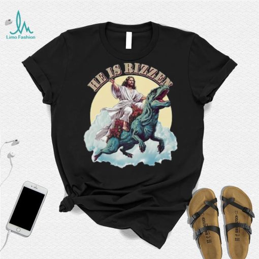 He Has Rizzen Jesus Riding A Dinosaur Funny Meme T Shirt