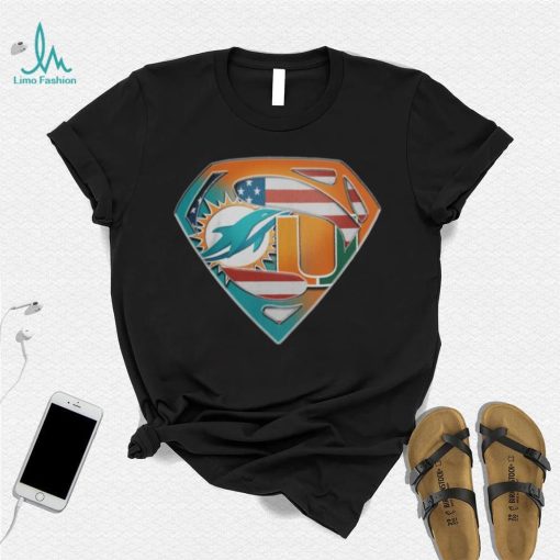 Miami Dolphins And Miami Hurricanes Superman Sports Logo Shirt
