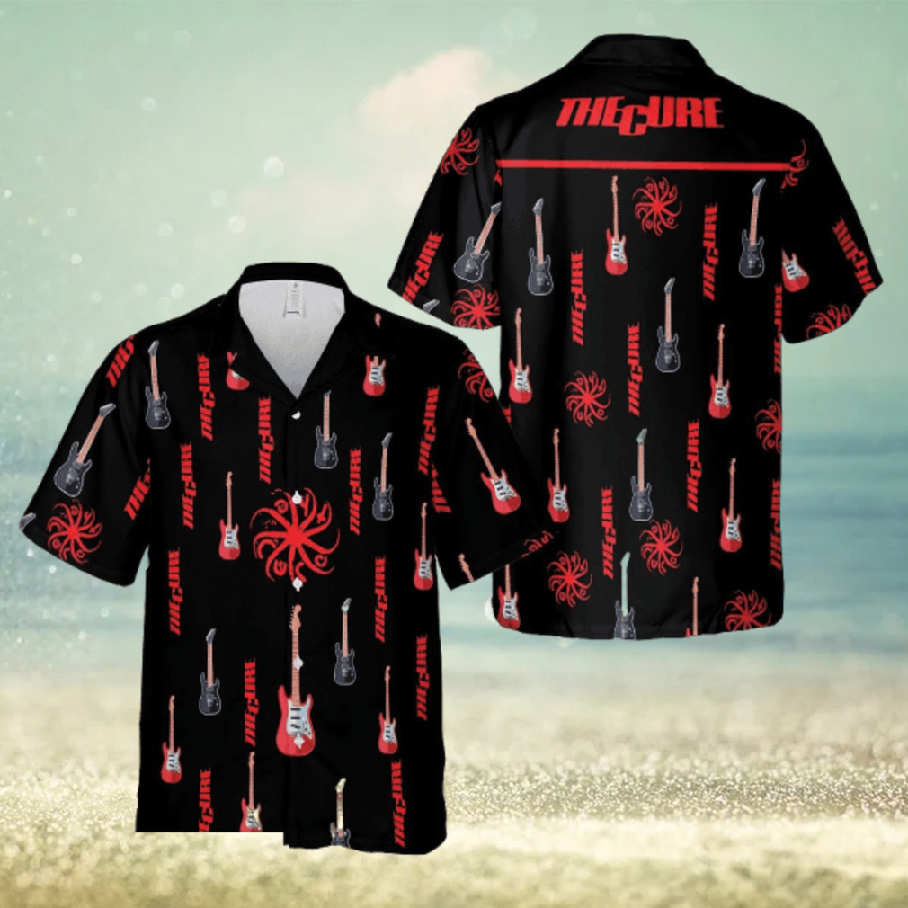 The Cure Music Band Logo Hawaiian Shirt Thunder And Guitar Black Red For Fans Gift Holidays The Cure Music Band Logo Hawaiian Shirt Thunder And Guitar Black Red For Fans Gift Holidays