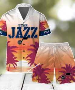 Utah Jazz Team Logo Pattern Sunset Tropical Hawaiian Shirt & Short