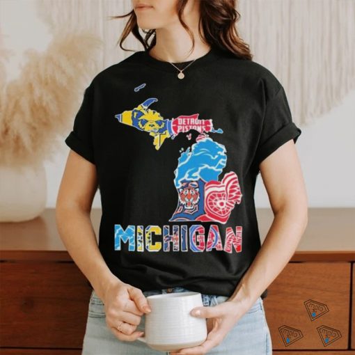 Awesome Detroit Pistons Detroit Tigers Detroit Lions Detroit Red Wings Michigan Wolverines 2024 Shirt