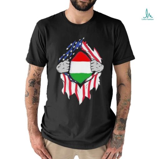 Hungarian American Flags Hands Ripping Flag on Chest Shirt