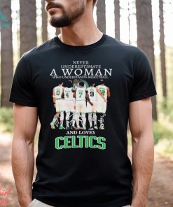 Official Never Underestimate A Woman Who Loves Boston Celtics signatures shirt