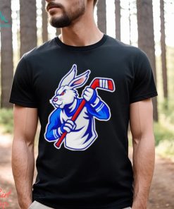 Rabbit hockey player mascot and sport pattern shirt