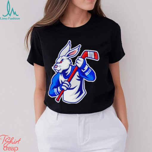 Rabbit hockey player mascot and sport pattern shirt