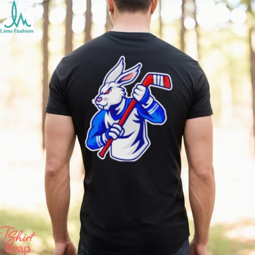 Rabbit hockey player mascot and sport pattern shirt