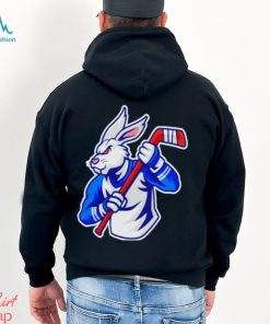 Rabbit hockey player mascot and sport pattern shirt