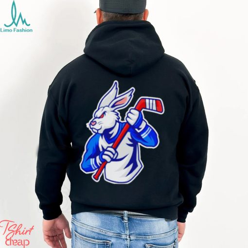 Rabbit hockey player mascot and sport pattern shirt
