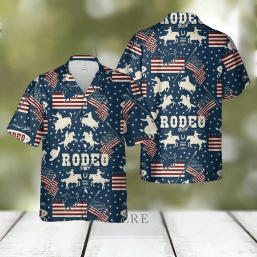 American Rodeo With Cowboys Riding Bulls And Horse Riders USA Flags Hawaiian Shirt